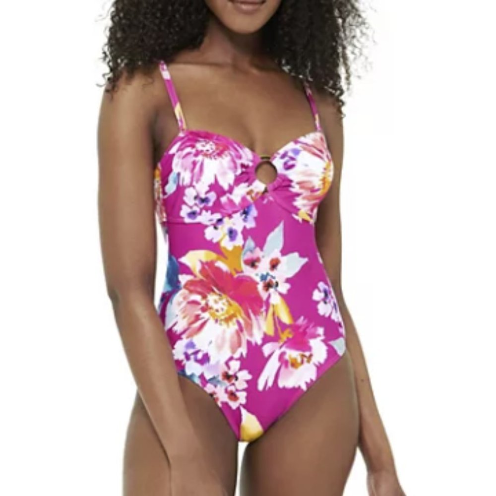 FRESHWATER FLORAL O-RING ONE PIECE SWIMSUIT SIZE S #583 - Picture 1 of 4